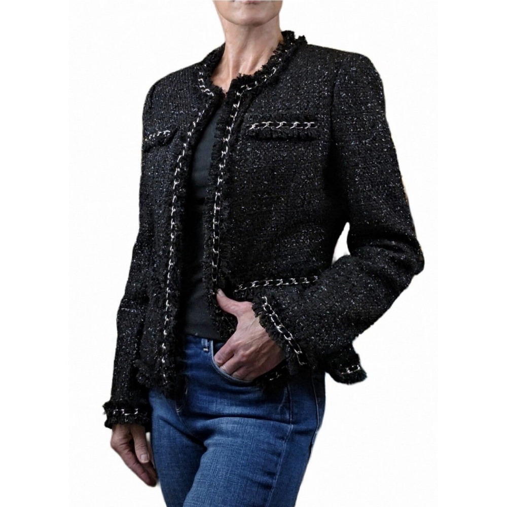 Boston Proper Parisian Shimmer Tweed Jacket SZ 10 Blazer Black Silver Chain Wool